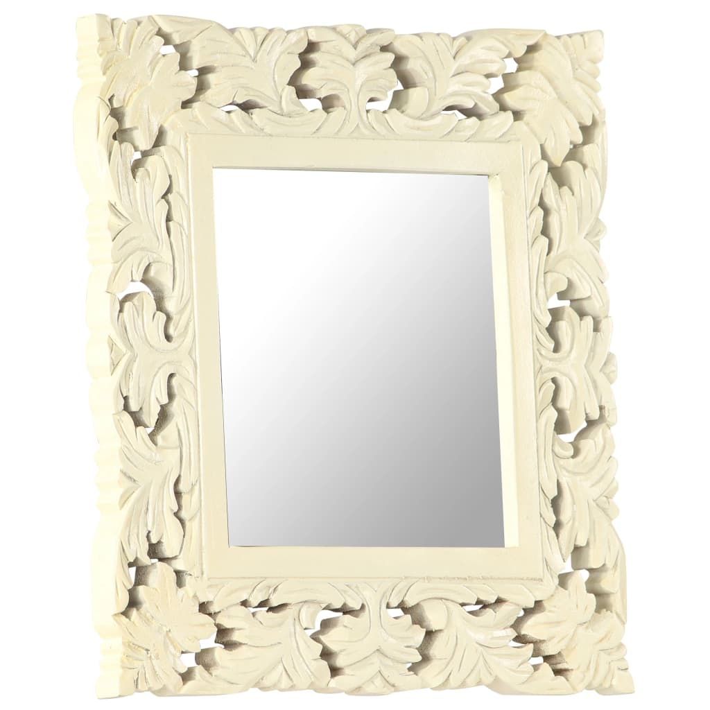 Square hand-carved white mango wood mirror, 19.7 inches by 19.7 inches.