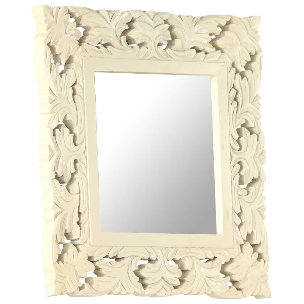 Square white hand-carved mango wood mirror, 19.7 inches by 19.7 inches.
