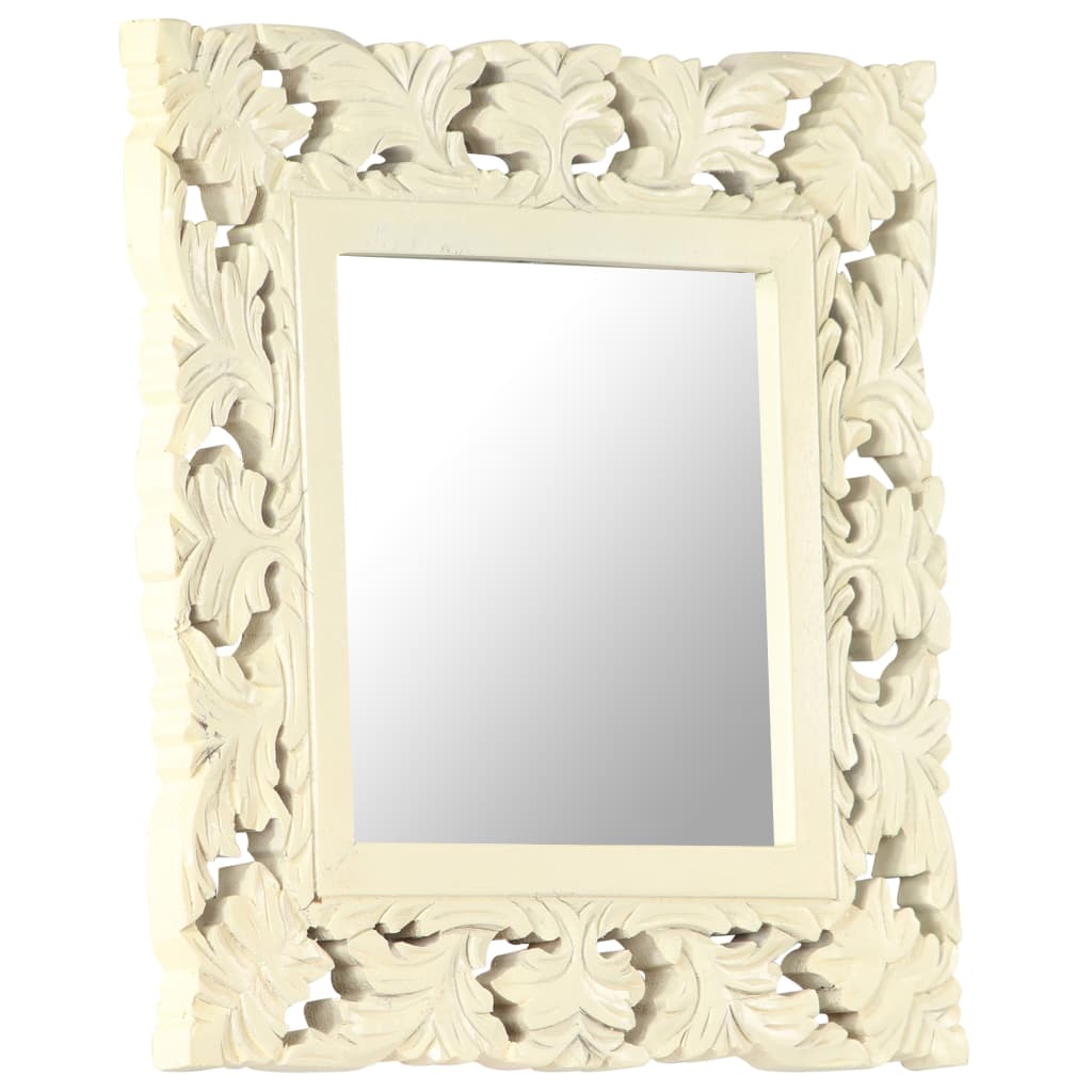 Square white hand-carved mango wood mirror, 19.7 inches by 19.7 inches.