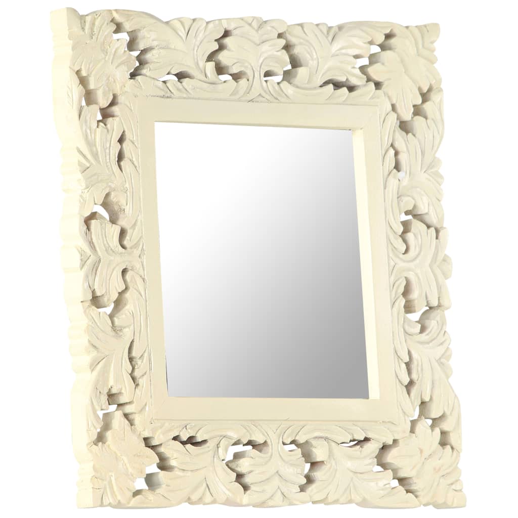 Square hand-carved white mango wood mirror, 19.7 inches by 19.7 inches.