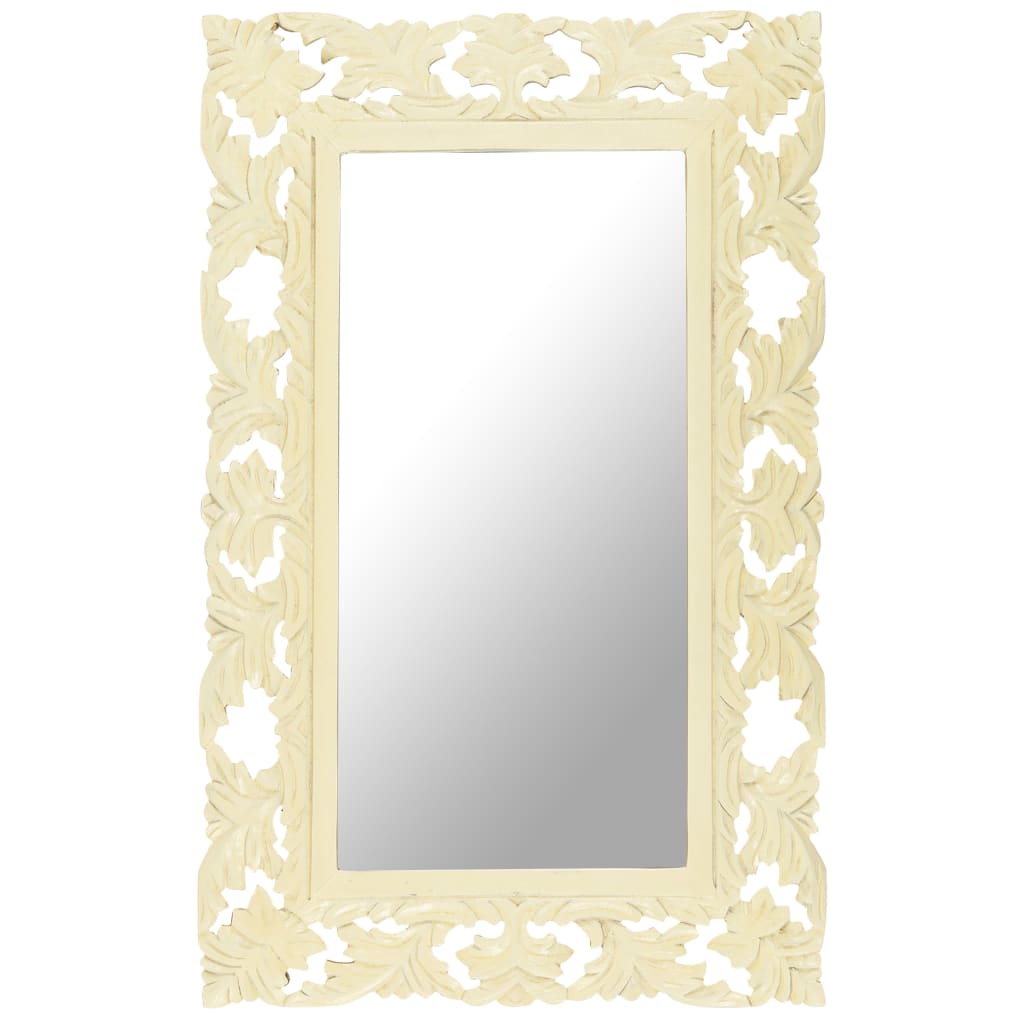 Hand-carved white solid mango wood mirror, 31.5x19.7 inches, with ornate frame.