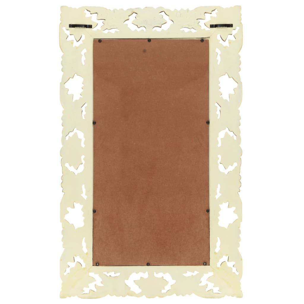 Hand-carved white solid mango wood mirror, 31.5x19.7 inches, with ornate frame.