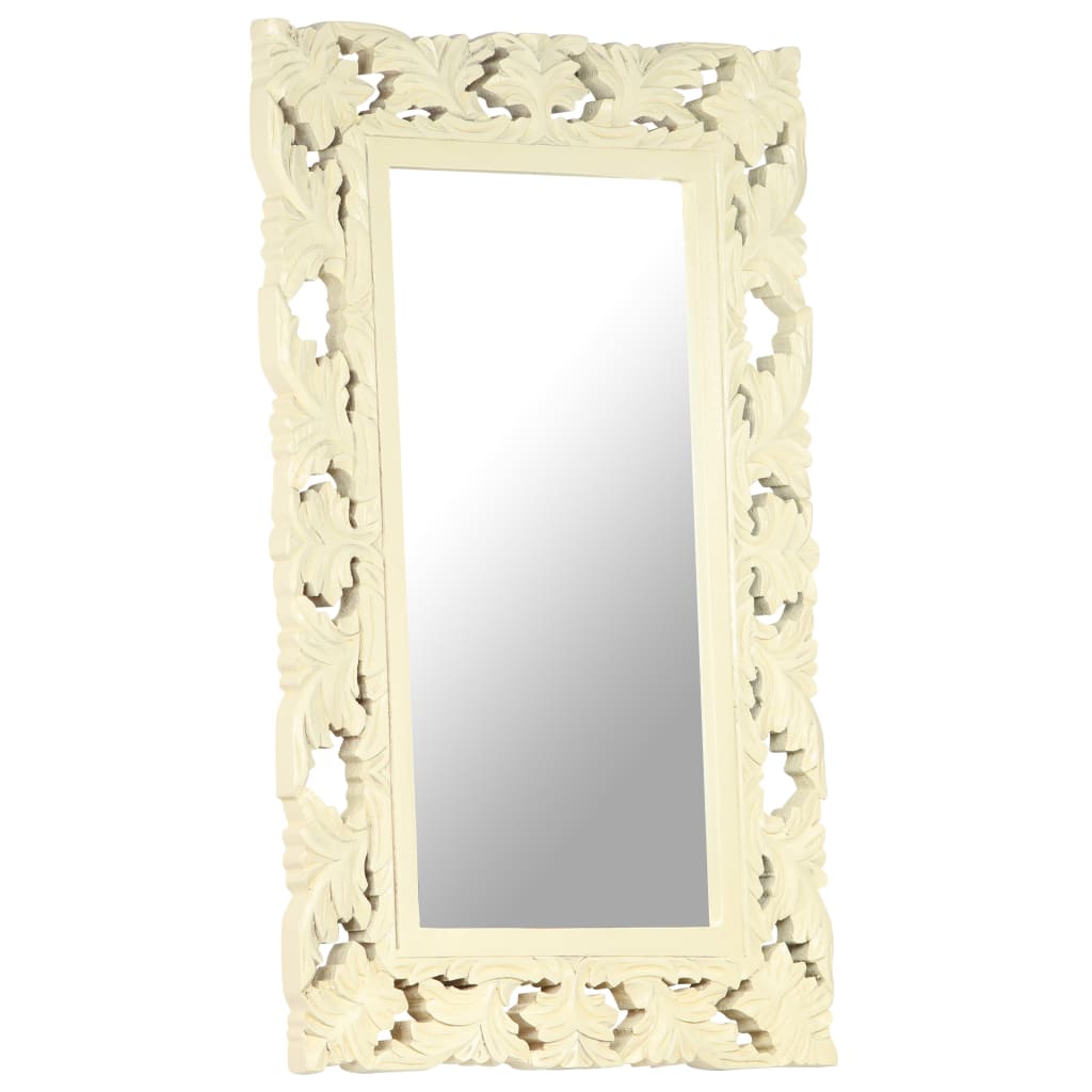 Hand-carved white solid mango wood mirror, 31.5x19.7 inches, with ornate frame.