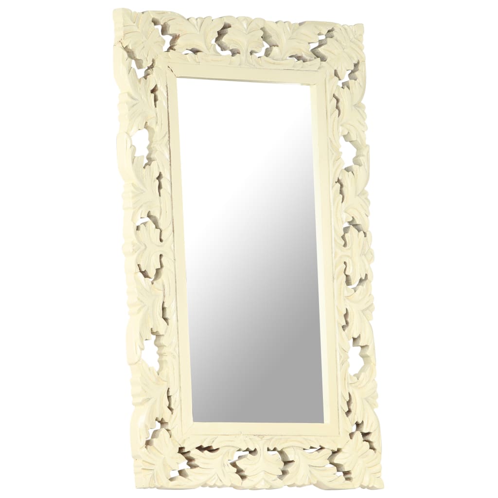 White hand-carved mango wood mirror, 31.5 by 19.7 inches.