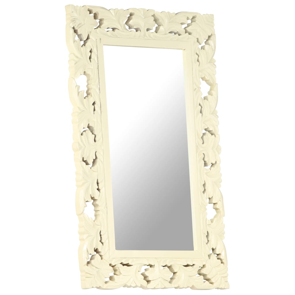 Hand-carved white solid mango wood mirror with an ornate frame.