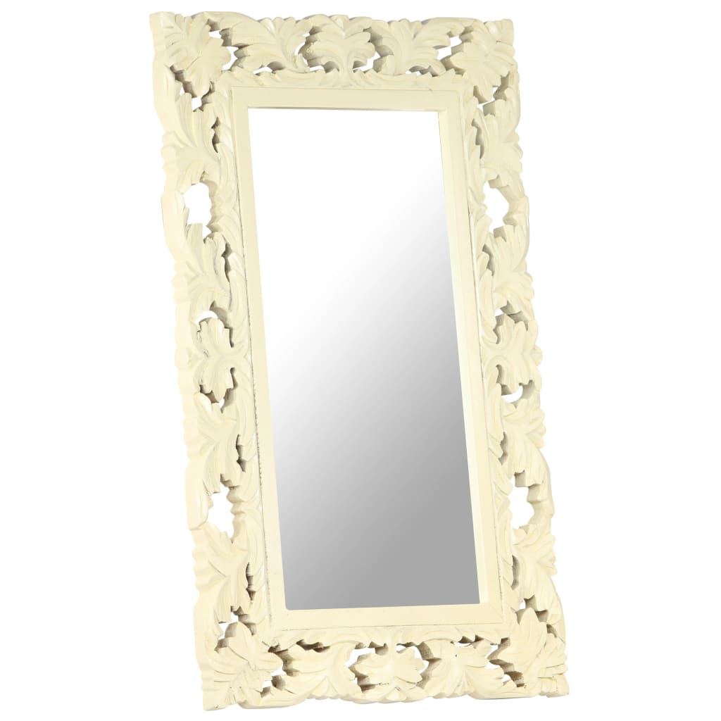 Hand-carved white solid mango wood mirror with an ornate frame.