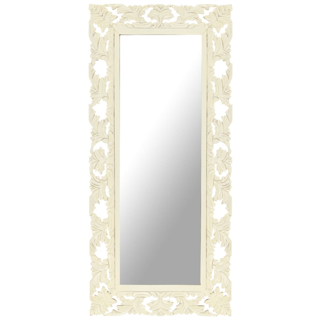 A tall, hand-carved white solid mango wood mirror measuring 43.3 by 19.7 inches with ornate floral frame.
