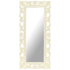 A tall, hand-carved white solid mango wood mirror measuring 43.3 by 19.7 inches with ornate floral frame.