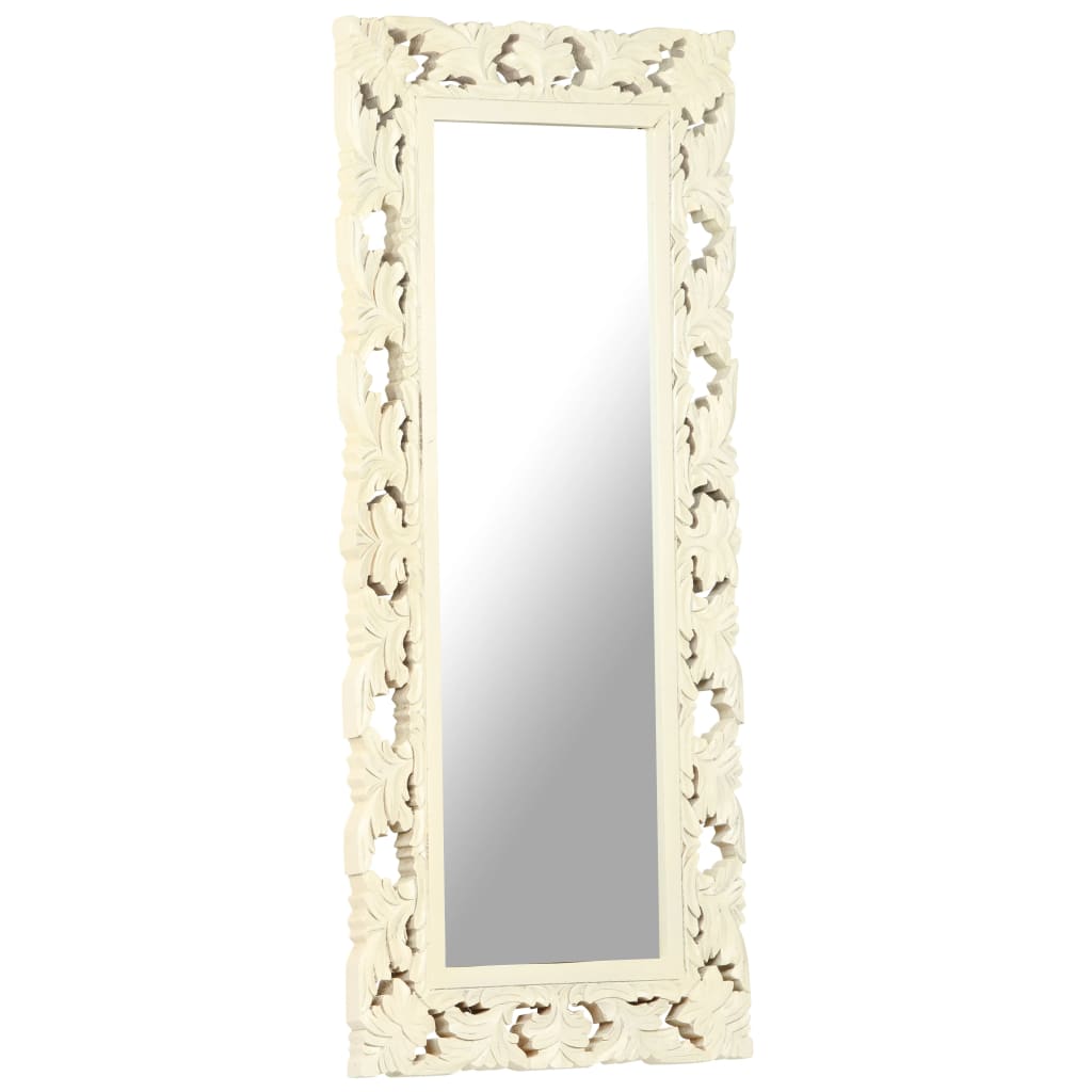 Tall white hand-carved mango wood full-length mirror, 43.3 by 19.7 inches.