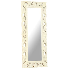Tall white hand-carved mango wood full-length mirror, 43.3 by 19.7 inches.