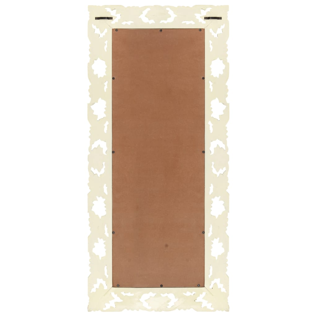 Hand-carved white solid mango wood mirror, 43.3 by 19.7 inches, with ornate frame.