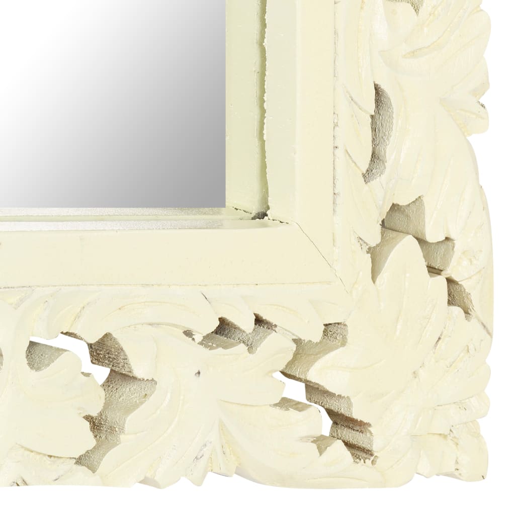 Hand-carved white solid mango wood mirror, 43.3x19.7 inches, with ornate frame.