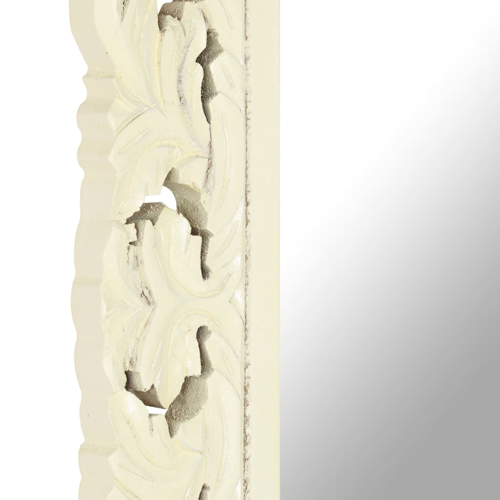 Hand-carved white solid mango wood mirror, 43.3x19.7 inches, with ornate floral frame.