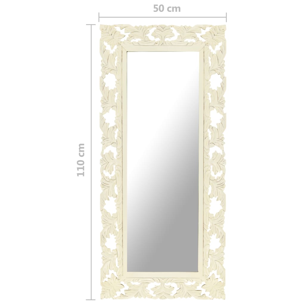Hand-carved white solid mango wood mirror, 43.3 by 19.7 inches, with ornate frame.