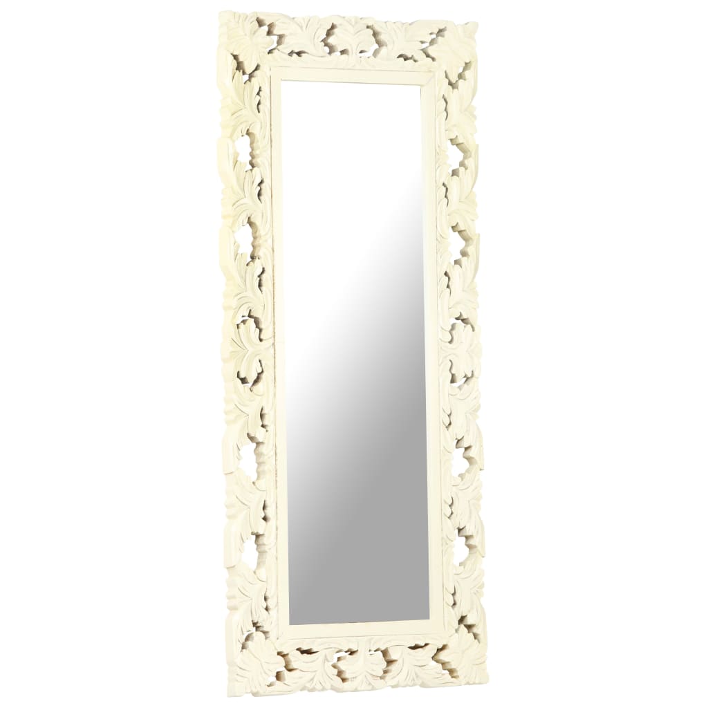 Tall white hand-carved mango wood mirror, 43.3 by 19.7 inches.