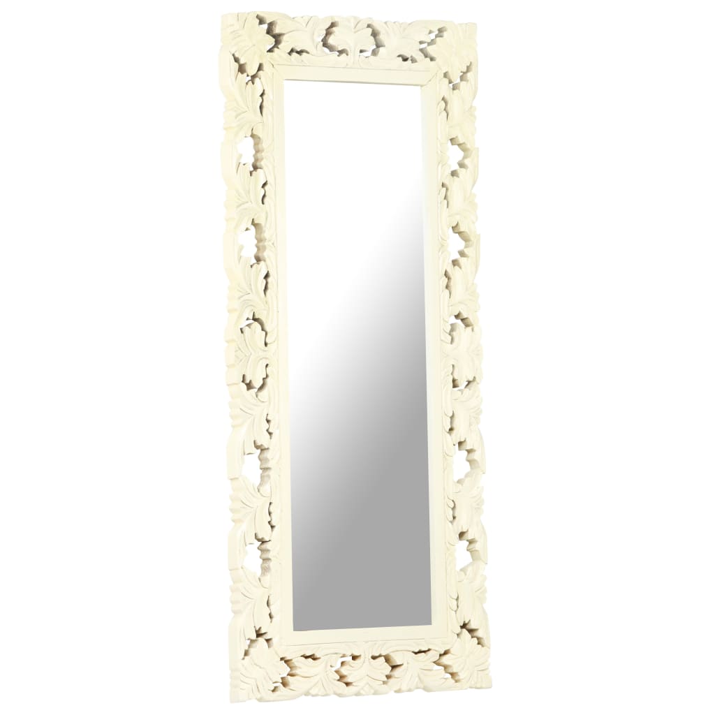 Tall white hand-carved mango wood mirror, 43.3 by 19.7 inches.