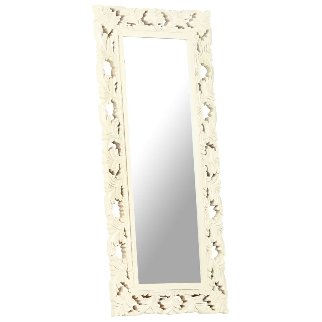 Hand-carved white solid mango wood mirror, 43.3 by 19.7 inches.