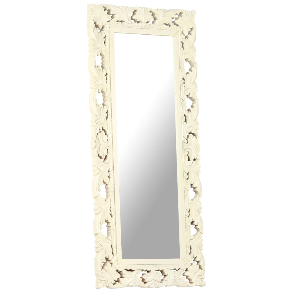 Tall white hand-carved mango wood mirror, 43.3 by 19.7 inches.