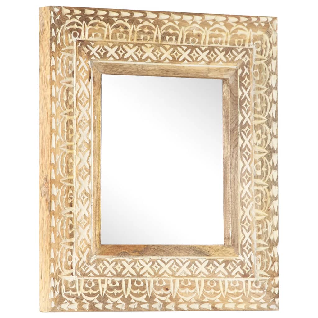 Square hand-carved mango wood mirror, 19.7x19.7x1 inches, with intricate border design.