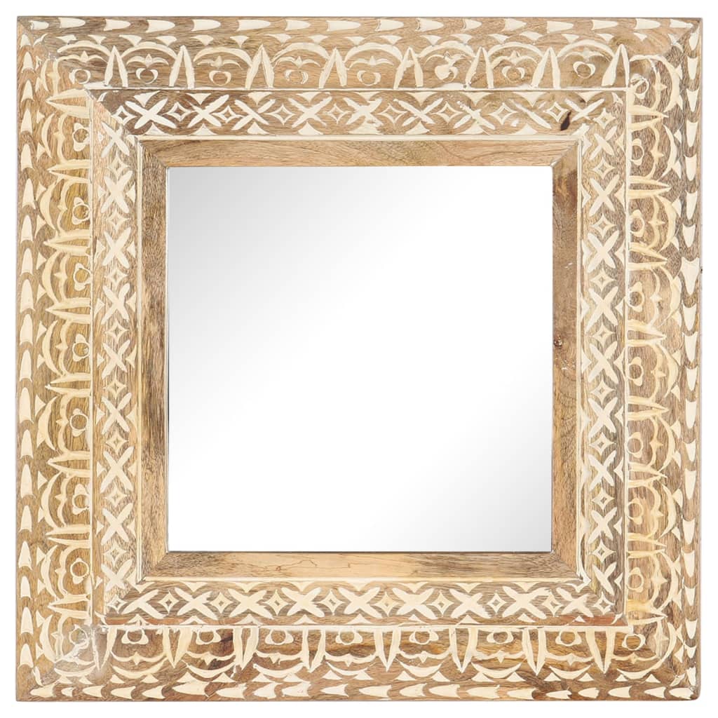 Square hand-carved mango wood mirror with intricate border patterns, 19.7x19.7x1 inches.