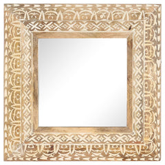 Square hand-carved mango wood mirror with intricate border patterns, 19.7x19.7x1 inches.