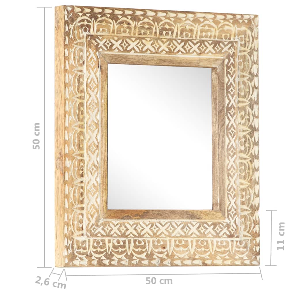 Square hand-carved mango wood mirror, 19.7x19.7x1 inches, with intricate border design.