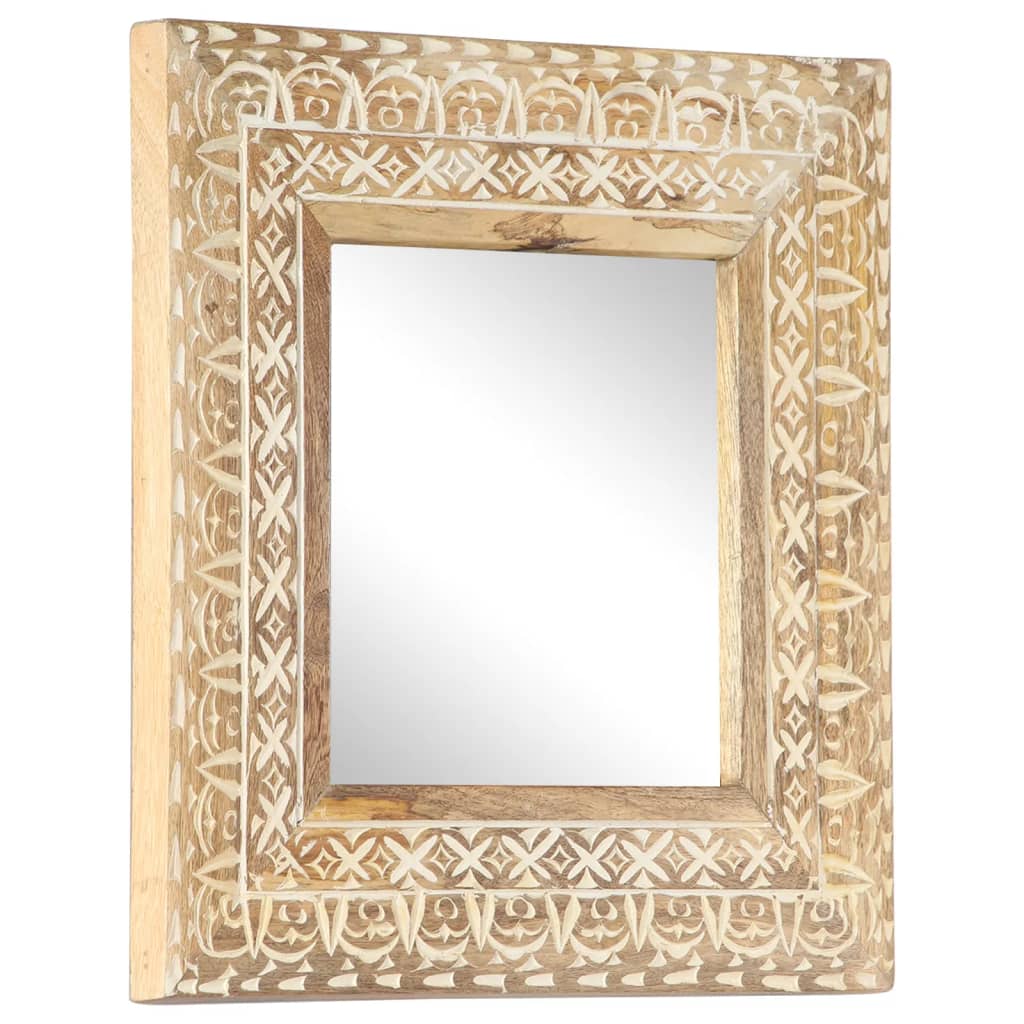 Square hand-carved mango wood mirror with intricate white border patterns, 19.7 inches square.