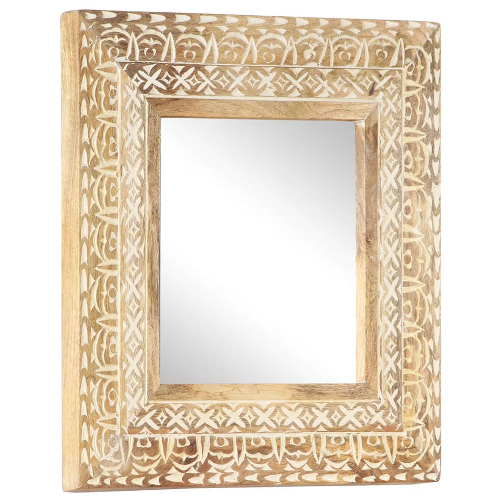 Square hand-carved mango wood mirror with intricate border pattern, 19.7x19.7x1 inches.