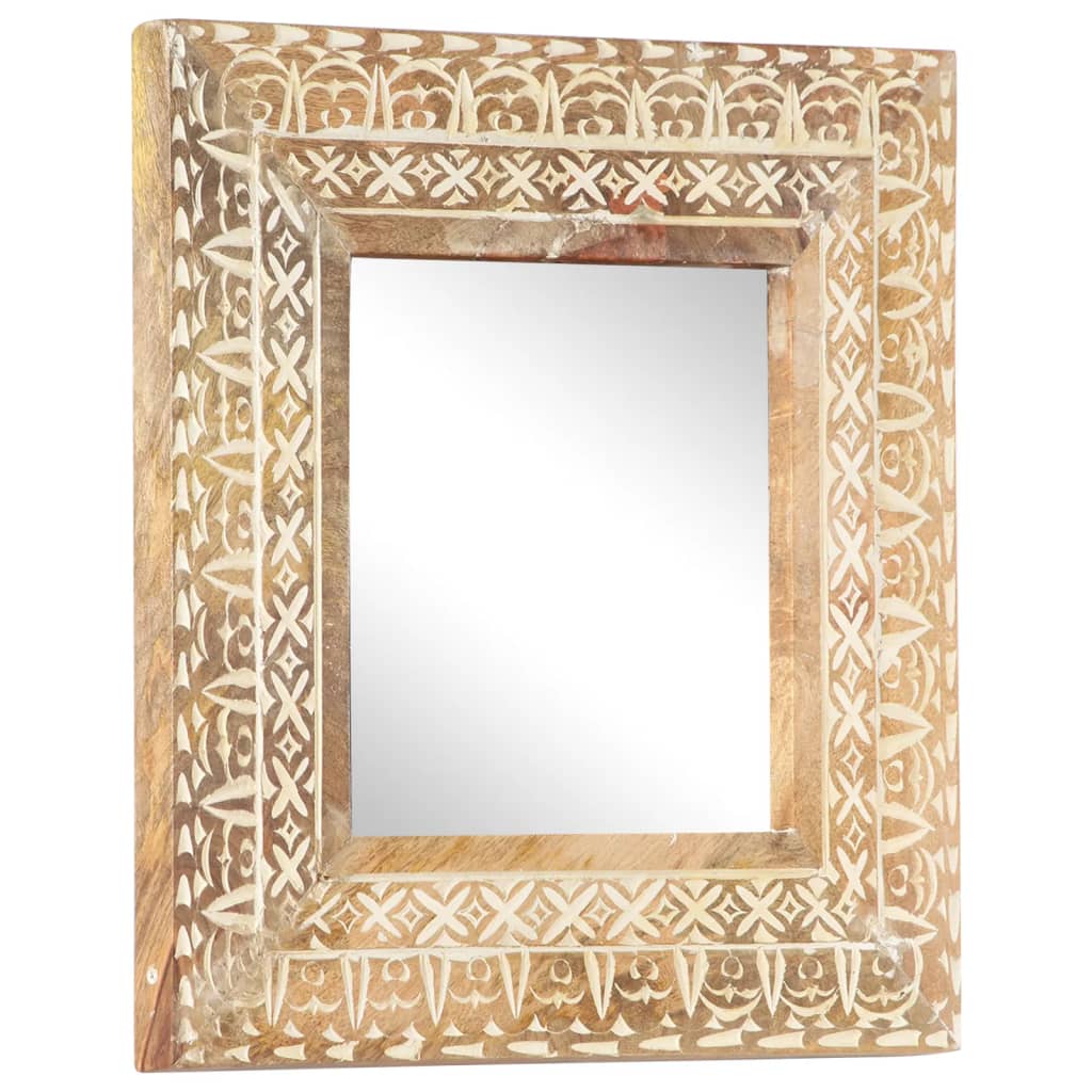 Square hand-carved mango wood mirror with intricate border pattern, 19.7x19.7x1 inches.
