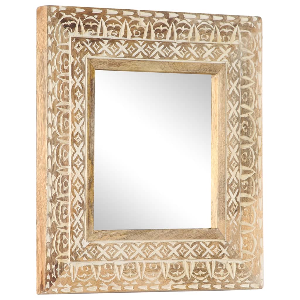 Square hand-carved mango wood mirror, 19.7x19.7x1 inches, with intricate border design.