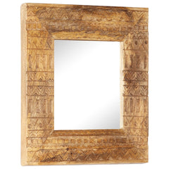 Square hand-carved mango wood mirror with intricate geometric frame patterns.