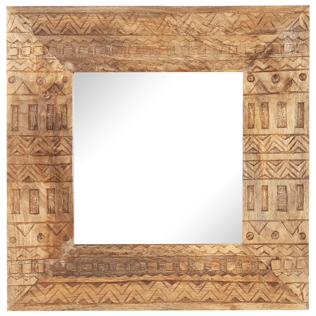 Square hand-carved mango wood mirror, 19.7x19.7x1 inches, with geometric patterns.