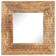 Square hand-carved mango wood mirror, 19.7x19.7x1 inches, with geometric patterns.
