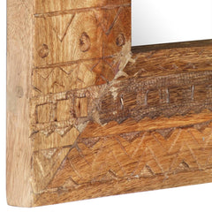 Square hand-carved mango wood mirror, 19.7x19.7x1 inches, with geometric patterns.