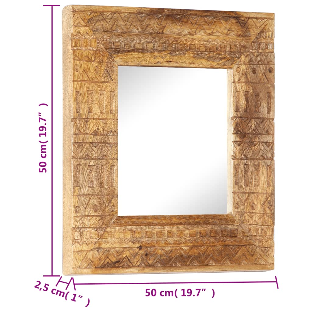 Square hand-carved mango wood mirror, 19.7x19.7x1 inches, with detailed frame.