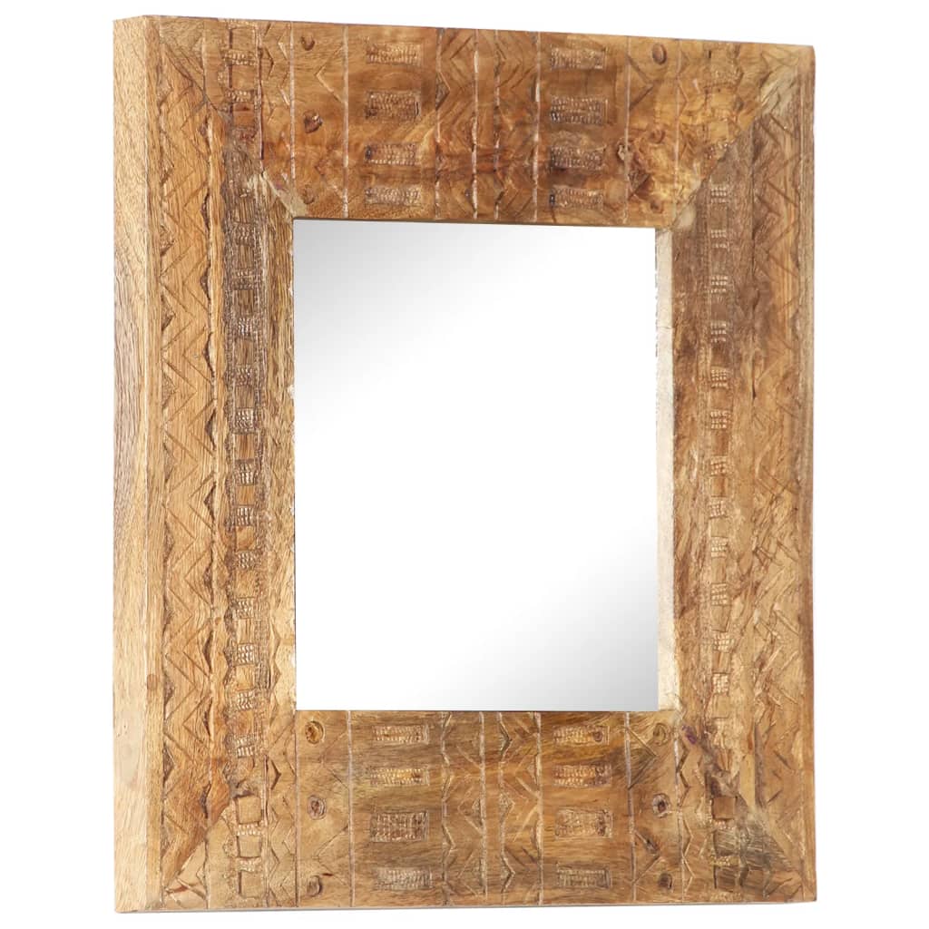 Square hand-carved mango wood mirror with intricate frame, 19.7x19.7x1 inches.