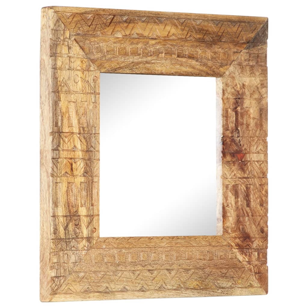 Square hand-carved mango wood mirror, 19.7x19.7x1 inches, with textured frame.