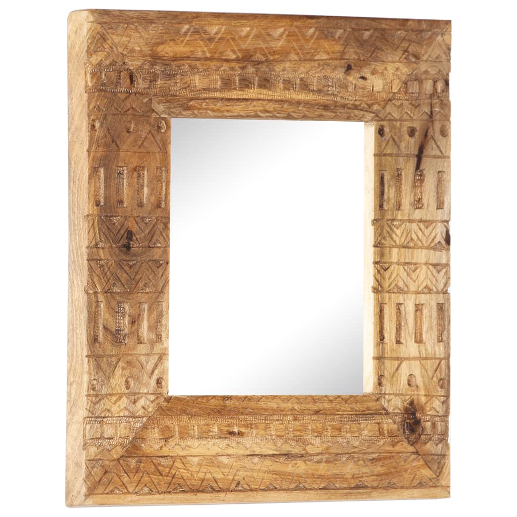 Square hand-carved mango wood mirror with geometric patterns, 19.7x19.7x1 inches.