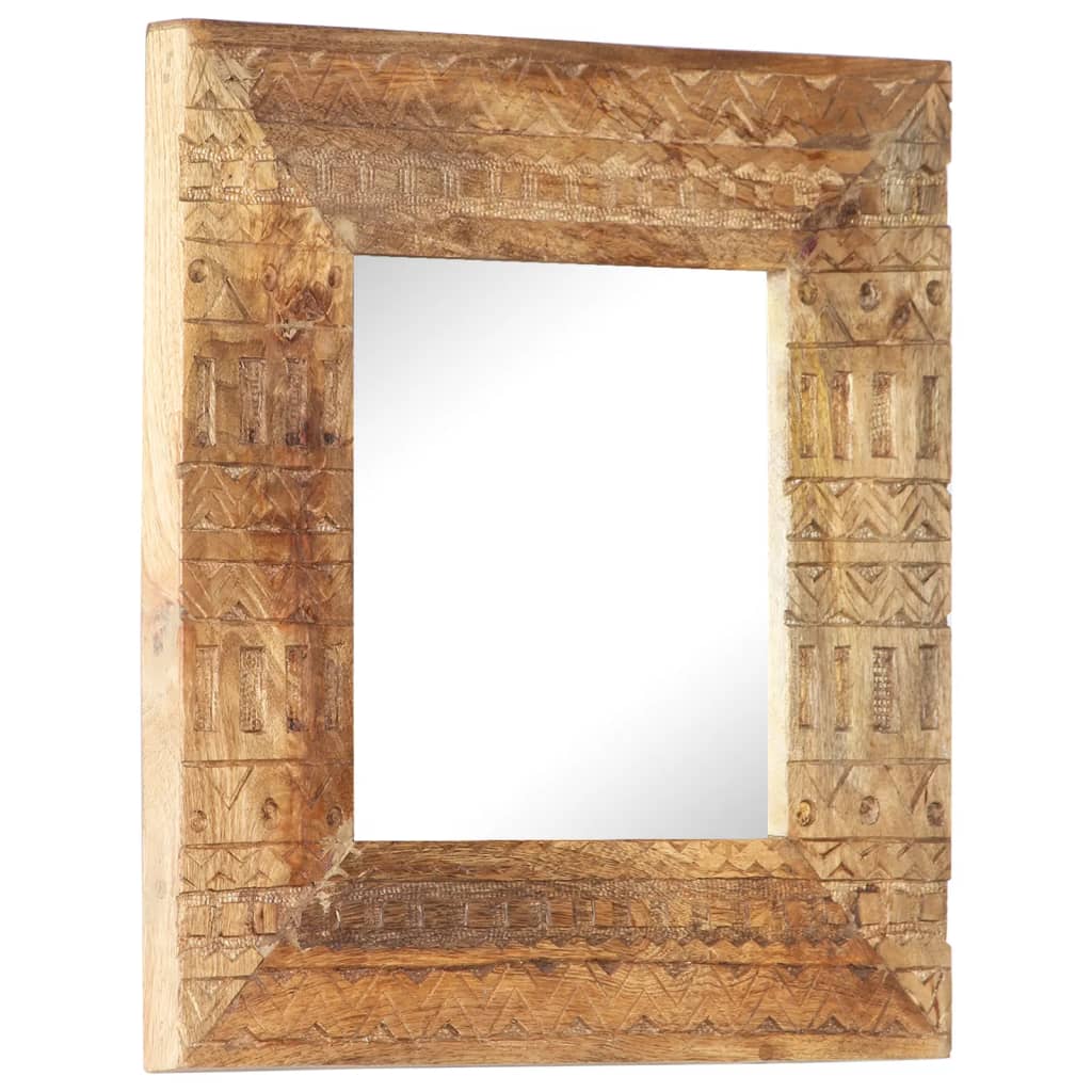 Square hand-carved mango wood mirror, 19.7x19.7x1 inches, with intricate frame patterns.