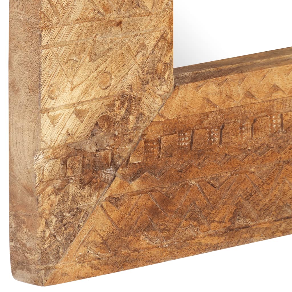 Hand-carved solid mango wood mirror frame with intricate geometric patterns, 43.3x19.7x1 inches.