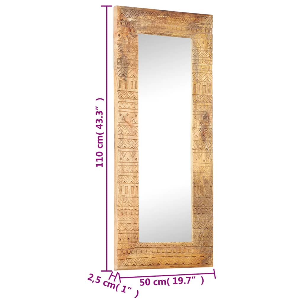 Hand-carved solid mango wood mirror measuring 43.3 x 19.7 x 1 inches with dimensions shown.