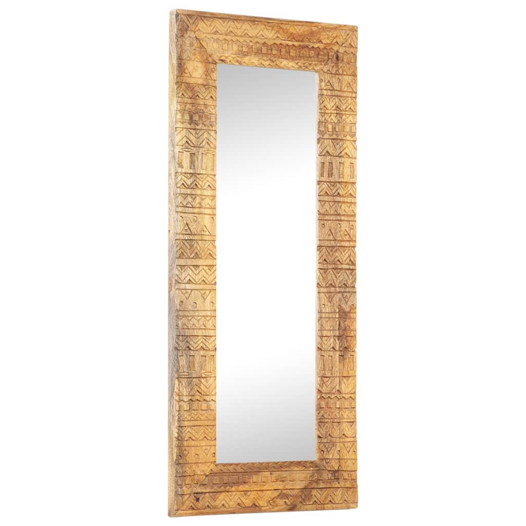 Hand-carved solid mango wood mirror, 43.3x19.7x1 inches, with textured frame.