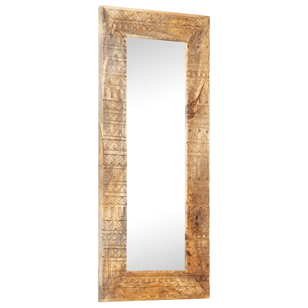Tall rectangular mirror with hand-carved mango wood frame, 43.3 by 19.7 inches.