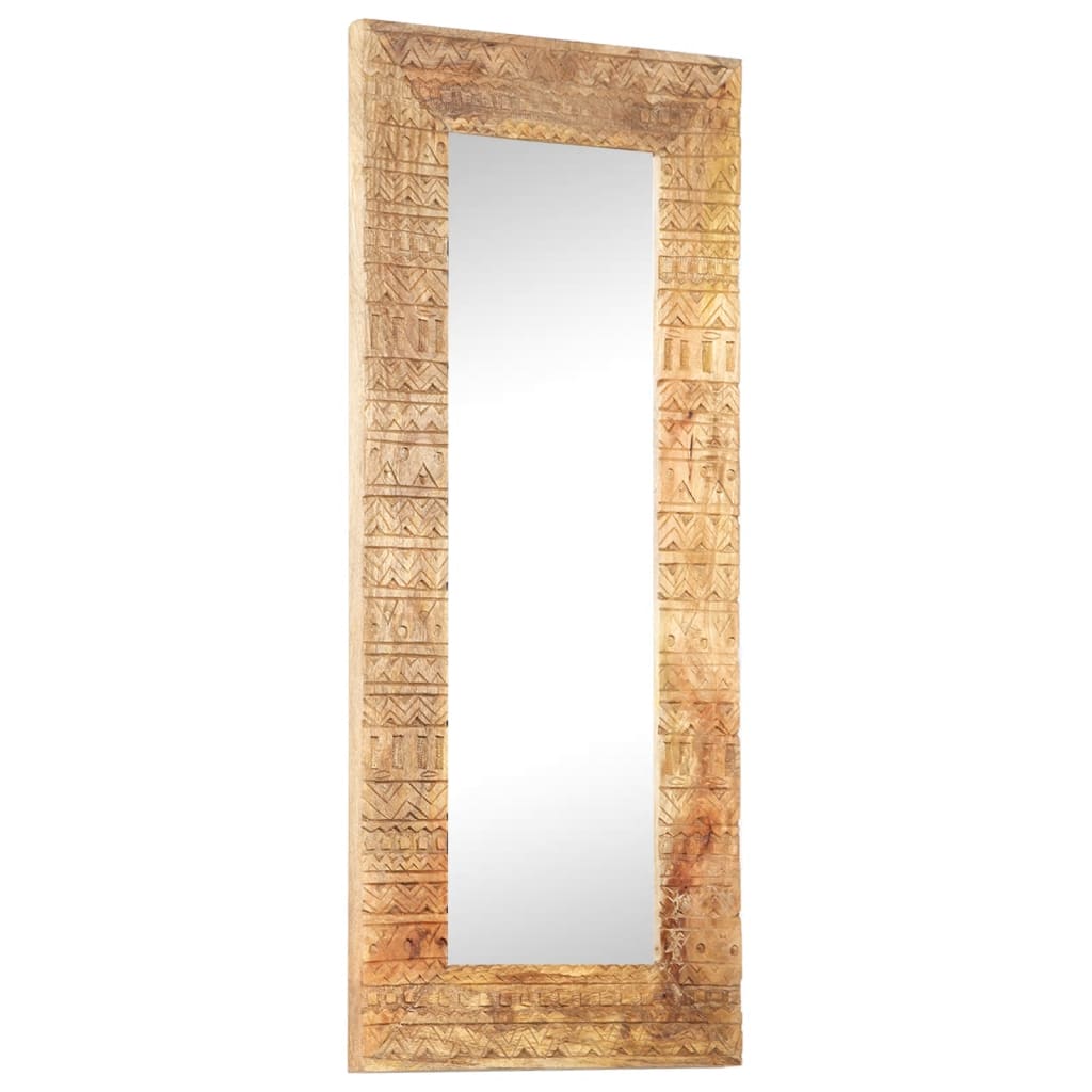 Hand-carved solid mango wood mirror, 43.3 by 19.7 by 1 inches, with textured frame.