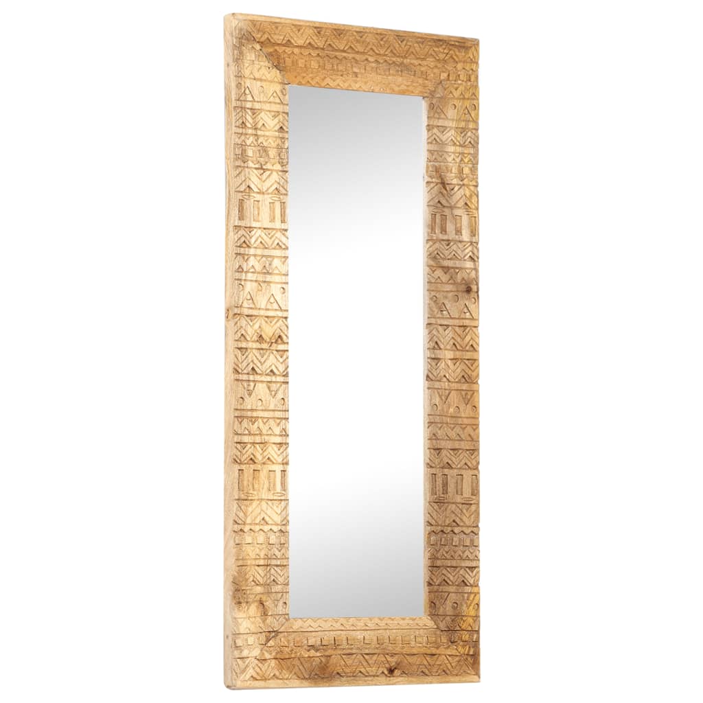 Hand-carved solid mango wood mirror, 43.3 by 19.7 by 1 inches, with intricate frame design.