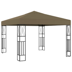 Taupe fabric gazebo with steel frame, measuring 118.1x118.1 inches.