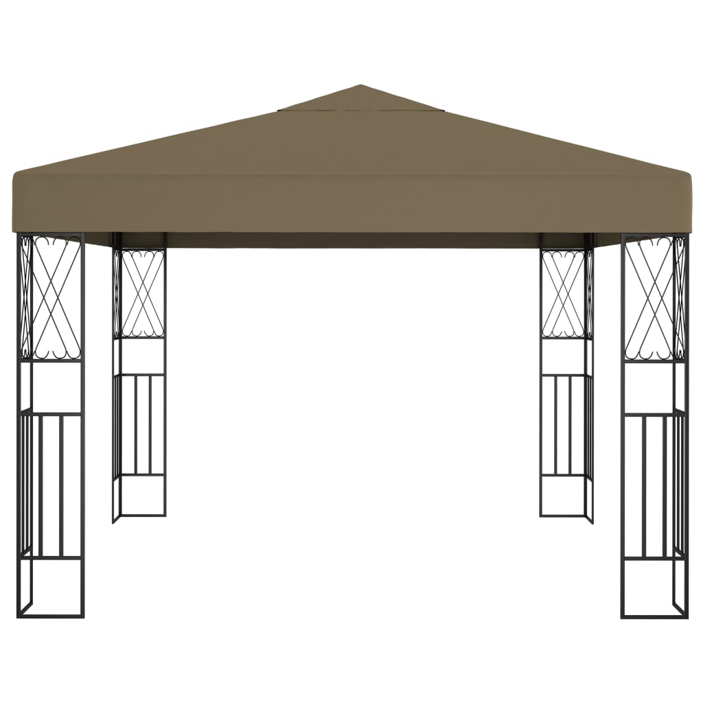 Taupe fabric gazebo with steel frame, measuring 118.1x118.1 inches.
