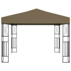 Taupe fabric gazebo with steel frame, measuring 118.1x118.1 inches.