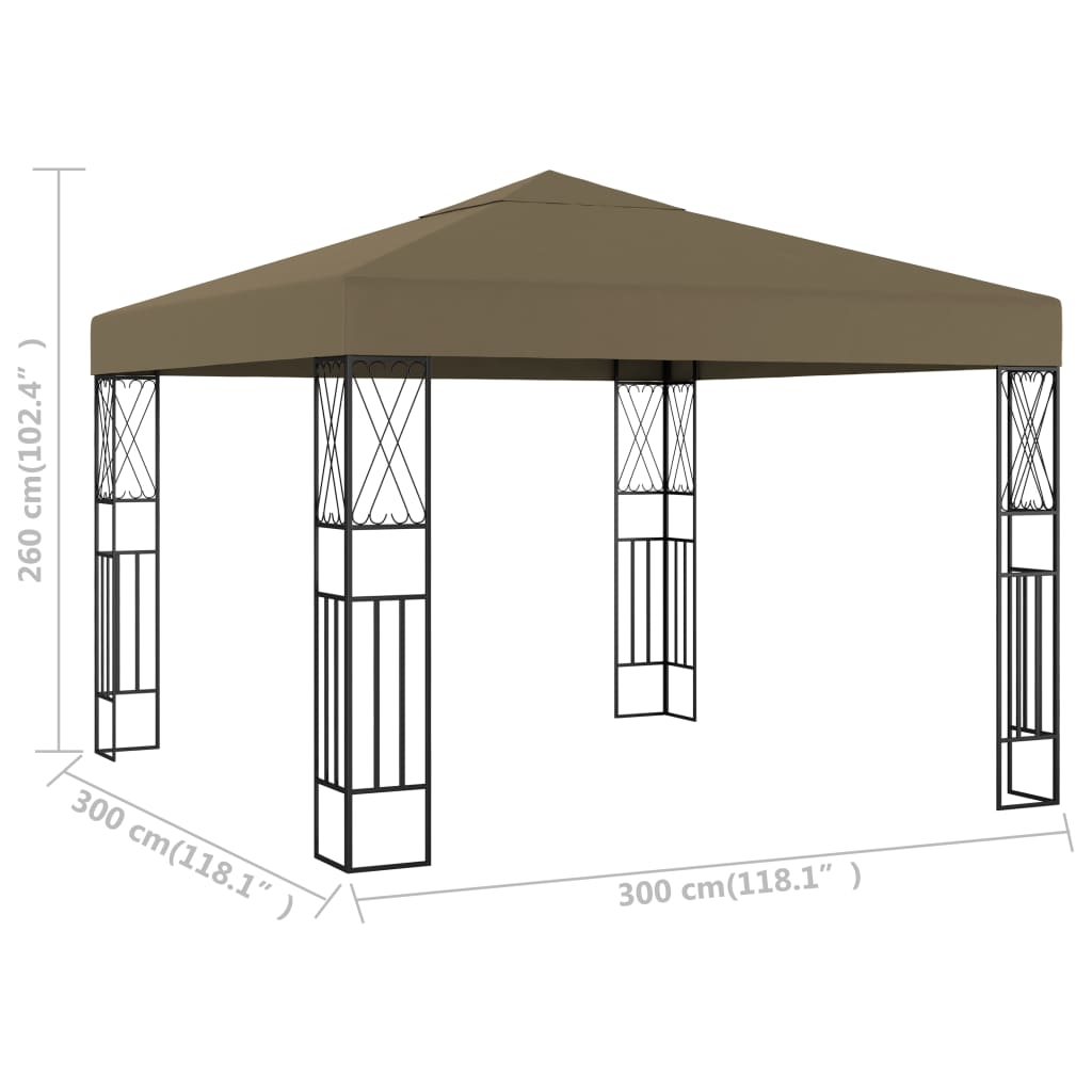Taupe fabric gazebo with steel frame, measuring 118.1 x 118.1 inches.
