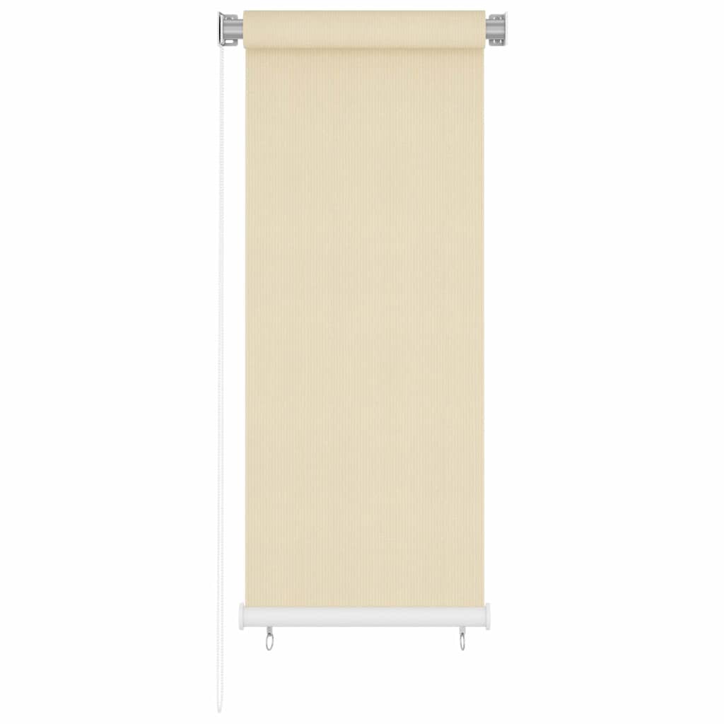 A cream outdoor roller blind with a visible cord mechanism on the left.